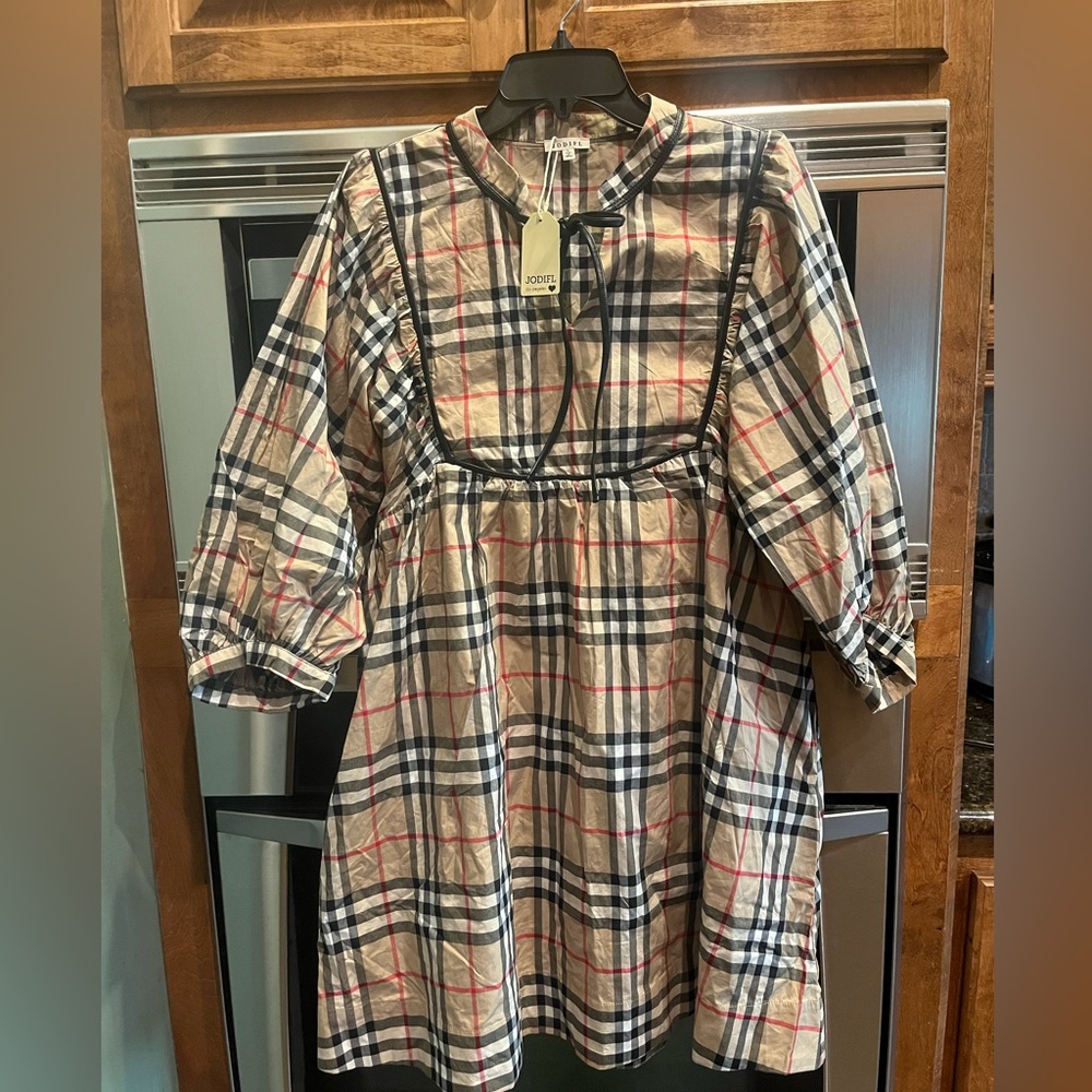 NWT Jodifl Plaid Babydoll Tunic Dress with Bow Neck